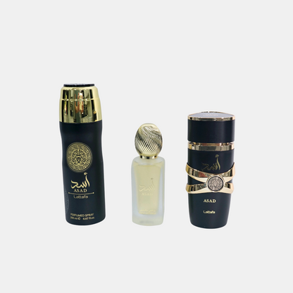 Set Lattafa Asad Unisex + Eau de Parfum + Deodorant Spray + Hair Mist